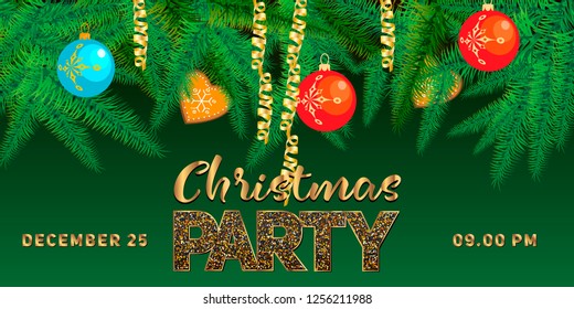 Winter holiday background. Border with Christmas tree branches and ornaments isolated. Great for New year cards, banners, headers, party posters.