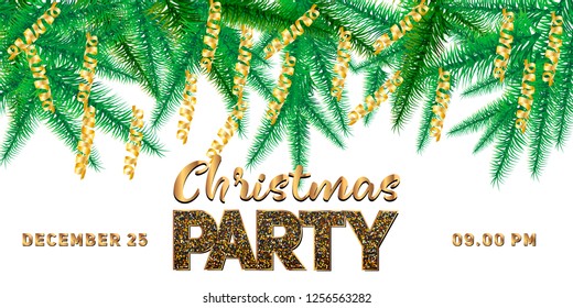 Winter holiday background. Border with Christmas tree branches and ornaments isolated. Great for New year cards, banners, headers, party posters.