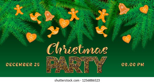 Winter holiday background. Border with Christmas tree branches and ornaments isolated. Great for New year cards, banners, headers, party posters.