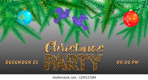 Winter holiday background. Border with Christmas tree branches and ornaments isolated. Great for New year cards, banners, headers, party posters.
