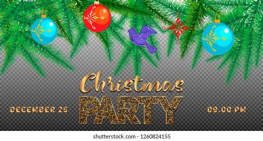 Winter holiday background. Border with Christmas tree branches and ornaments isolated. Great for New year cards, banners, headers, party posters.