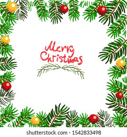 Winter holiday background. Border with Christmas tree branches and ornaments isolated on white.  Great for New year cards, banners, headers, party posters. Hand drawn
