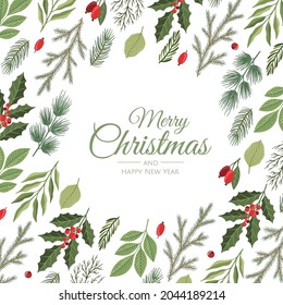 Fondo de vacaciones de invierno. Borde con ramas y decoraciones de árboles de Navidad. Ideal para tarjetas de Año Nuevo, carteles, encabezados, afiches de fiesta.