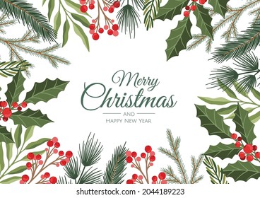 Winter holiday background. Border with Christmas tree branches and decorations. Great for New Year cards, banners, headers, party posters.