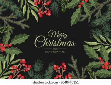 Winter holiday background. Border with Christmas tree branches and decorations. Great for New Year cards, banners, headers, party posters.