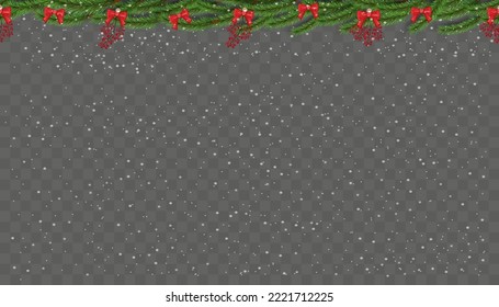 Winter holiday background. Border with Christmas tree branches and snow falling on transparent. Fir needles garland, frame with snowy good for New year cards, banners, headers, party posters