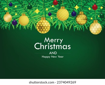 Winter holiday background. Border with Christmas tree branches. Garland, frame with hanging baubles