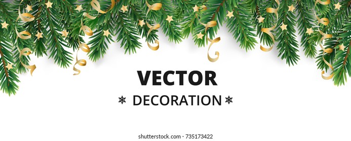 Winter holiday background. Border with Christmas tree branches and ornaments isolated on white. Fir needles garland, frame with streamers. Great for New year cards, banners, headers, party posters.