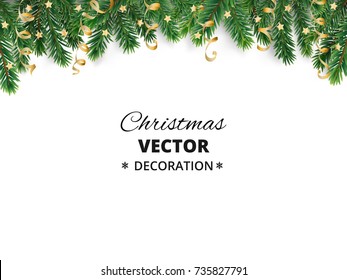 Winter holiday background. Border with Christmas tree branches and ornaments isolated on white. Fir needles garland, frame with streamers. Great for New year cards, banners, headers, party posters.