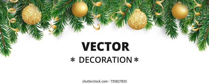 Winter Holiday Background. Border With Christmas Tree Branches Isolated On White. Garland, Frame With Hanging Baubles, Streamers. Great For Christmas, New Year Cards, Banners, Headers, Party Posters.