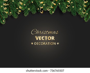 Winter holiday background. Border with Christmas tree branches and ornaments. Realistic fir needles garland, frame with streamers. Great for Christmas, New year cards, banners, headers, party posters.