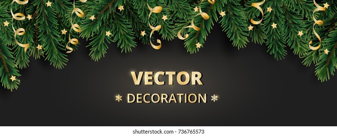 Winter holiday background. Border with Christmas tree branches and ornaments isolated on white. Fir needles garland, frame with streamers. Great for New year cards, banners, headers, party posters.