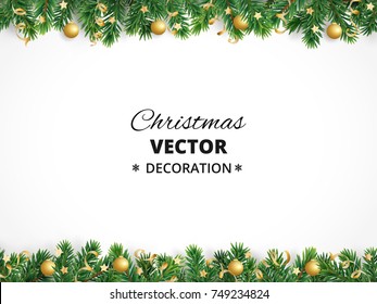 Winter Holiday Background. Border With Christmas Tree Branches Isolated On White. Garland, Frame With Hanging Baubles, Streamers. Great For Christmas, New Year Cards, Banners, Headers, Party Posters.