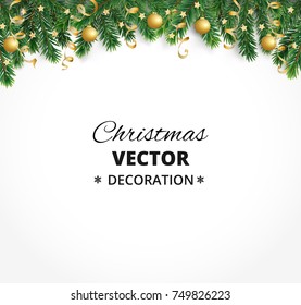 Winter holiday background. Border with Christmas tree branches isolated on white. Garland, frame with hanging baubles, streamers. Great for Christmas, New year cards, banners, headers, party posters.