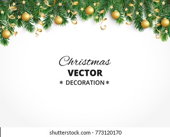 Winter holiday background. Border with Christmas tree branches isolated on white. Garland, frame with hanging baubles, streamers. Great for Christmas, New year cards, banners, headers, party posters.