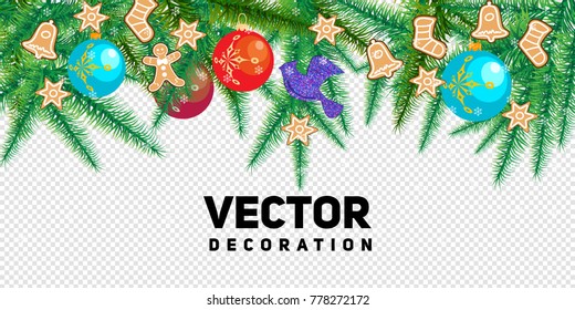 Winter holiday background. Border with Christmas tree branches and ornaments isolated on white. Great for New year cards, banners, headers, party posters.