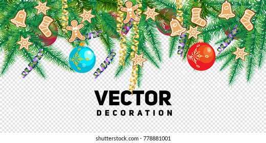 Winter holiday background. Border with Christmas tree branches and ornaments isolated on white. Great for New year cards, banners, headers, party posters.
