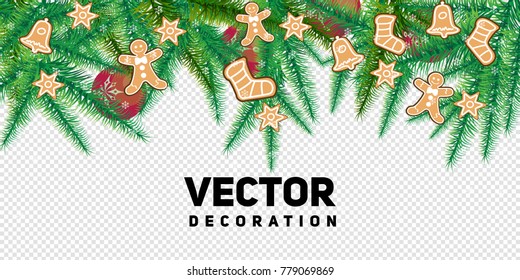 Winter holiday background. Border with Christmas tree branches and ornaments isolated on white. Great for New year cards, banners, headers, party posters.