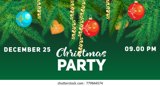 Winter holiday background. Border with Christmas tree branches and ornaments isolated on white. Great for New year cards, banners, headers, party posters.