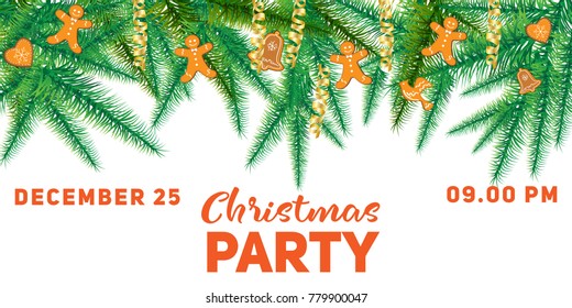 Winter holiday background. Border with Christmas tree branches and ornaments isolated on white. Great for New year cards, banners, headers, party posters.