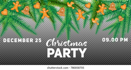 Winter holiday background. Border with Christmas tree branches and ornaments isolated on white. Great for New year cards, banners, headers, party posters.