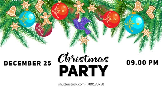 Winter holiday background. Border with Christmas tree branches and ornaments isolated on white. Great for New year cards, banners, headers, party posters.