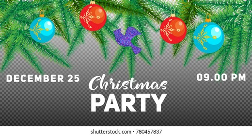 Winter holiday background. Border with Christmas tree branches and ornaments isolated on white. Great for New year cards, banners, headers, party posters.