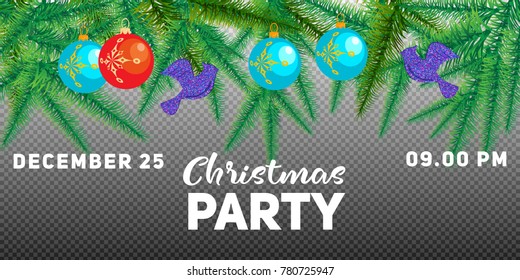 Winter holiday background. Border with Christmas tree branches and ornaments isolated on white. Great for New year cards, banners, headers, party posters.