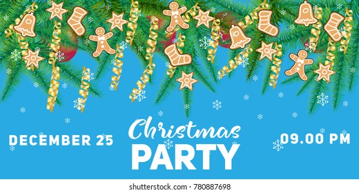 Winter holiday background. Border with Christmas tree branches and ornaments isolated on white. Great for New year cards, banners, headers, party posters.
