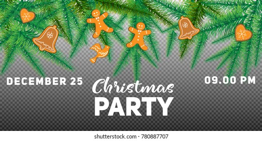 Winter holiday background. Border with Christmas tree branches and ornaments isolated on white. Great for New year cards, banners, headers, party posters.
