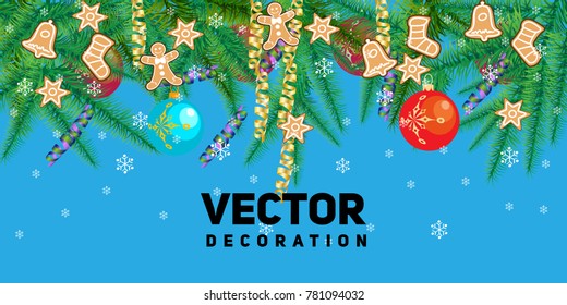 Winter holiday background. Border with Christmas tree branches and ornaments isolated on white. Great for New year cards, banners, headers, party posters.