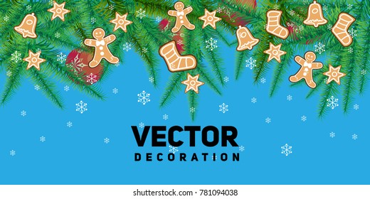 Winter holiday background. Border with Christmas tree branches and ornaments isolated on white. Great for New year cards, banners, headers, party posters.