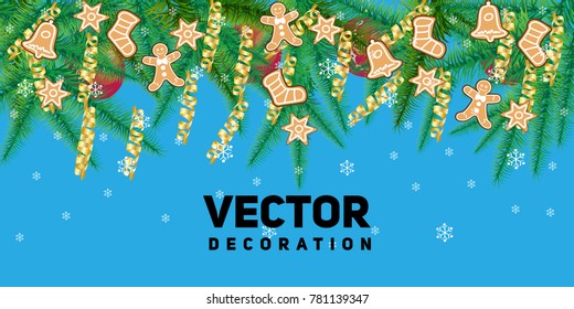 Winter holiday background. Border with Christmas tree branches and ornaments isolated on white. Great for New year cards, banners, headers, party posters.