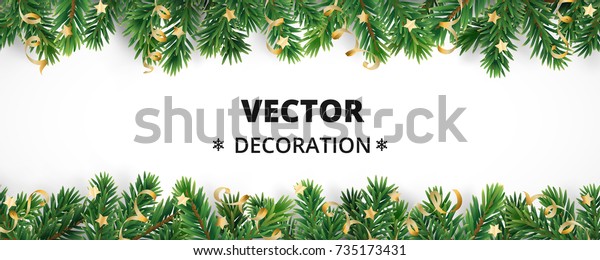 Winter holiday background. Border with Christmas\
tree branches and ornaments isolated on white. Fir needles garland,\
frame with streamers. Great for New year cards, banners, headers,\
party posters.