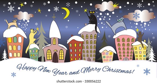 Winter holiday background for cards and design projects. Cats on the roofs in cozy lovely town. 