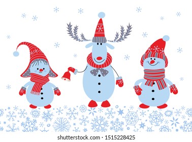 Winter Holiday Background. Christmas greeting card with cute snowmen. Freehand drawing.