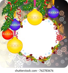 Winter holiday background with Christmas ornaments, snowflakes and free space for your greeting text. Vector clip art.