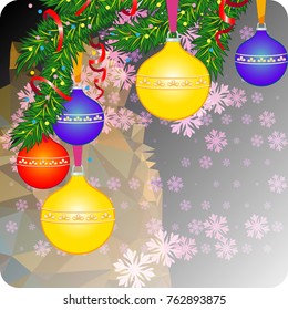 Winter holiday background with Christmas ornaments, snowflakes and free space for your greeting text. Vector clip art.