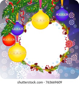 Winter holiday background with Christmas ornaments, snowflakes and free space for your greeting text. Vector clip art.