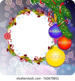Winter holiday background with Christmas ornaments, snowflakes and free space for your greeting text. Vector clip art.