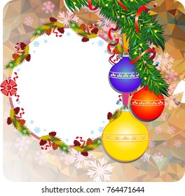Winter holiday background with Christmas ornaments, snowflakes and free space for your greeting text. Vector clip art.