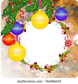 Winter holiday background with Christmas ornaments, snowflakes and free space for your greeting text. Vector clip art.