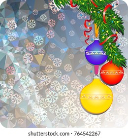 Winter holiday background with Christmas ornaments, snowflakes and free space for your greeting text. Vector clip art.