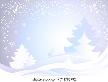 Winter holiday background with Christmas pine trees. White snow landscape. Elegant vector greeting card template.