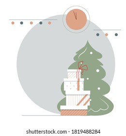 Winter holiday background with Christmas tree and gift boxes under clock and garland.