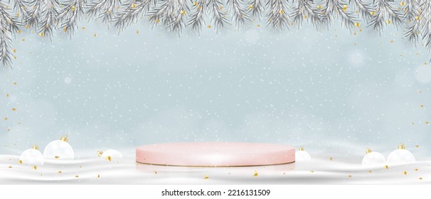 Winter holiday background with Christmas tree branches Border,Ornaments and 3d Podium on Snow ground.Fir needles garland with snowy,Christmas greeting card,New year banners, headers, party poster