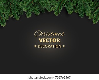 Winter holiday background with Christmas tree branches. Realistic fir-tree garland, frame. Great for Christmas and new year cards, banners, headers, party posters.