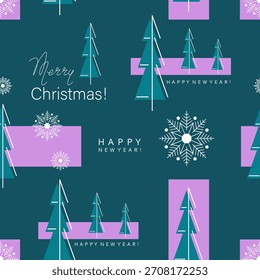 Fundo de férias de inverno. Modelo de vetor de Natal em verde escuro e fundo rosa com árvore de Natal e flocos de neve e outros elementos decorativos para o Natal, festa de anos novos. Padrão contínuo