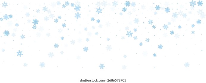 Fondo de vacaciones de invierno. Delicados copos de nieve con estrellas de cristal congeladas. Patrón helado azul claro en blanco crea atmósfera de Navidades. Ilustración vectorial.