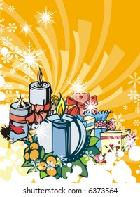 Winter holiday background with gift boxes, candles, ribbons and snowflakes, vector illustration.